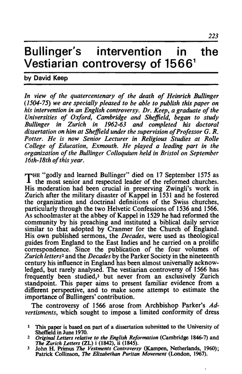 Bullinger's Intervention in the Vestiarian Controversy of 1566' by David Keep