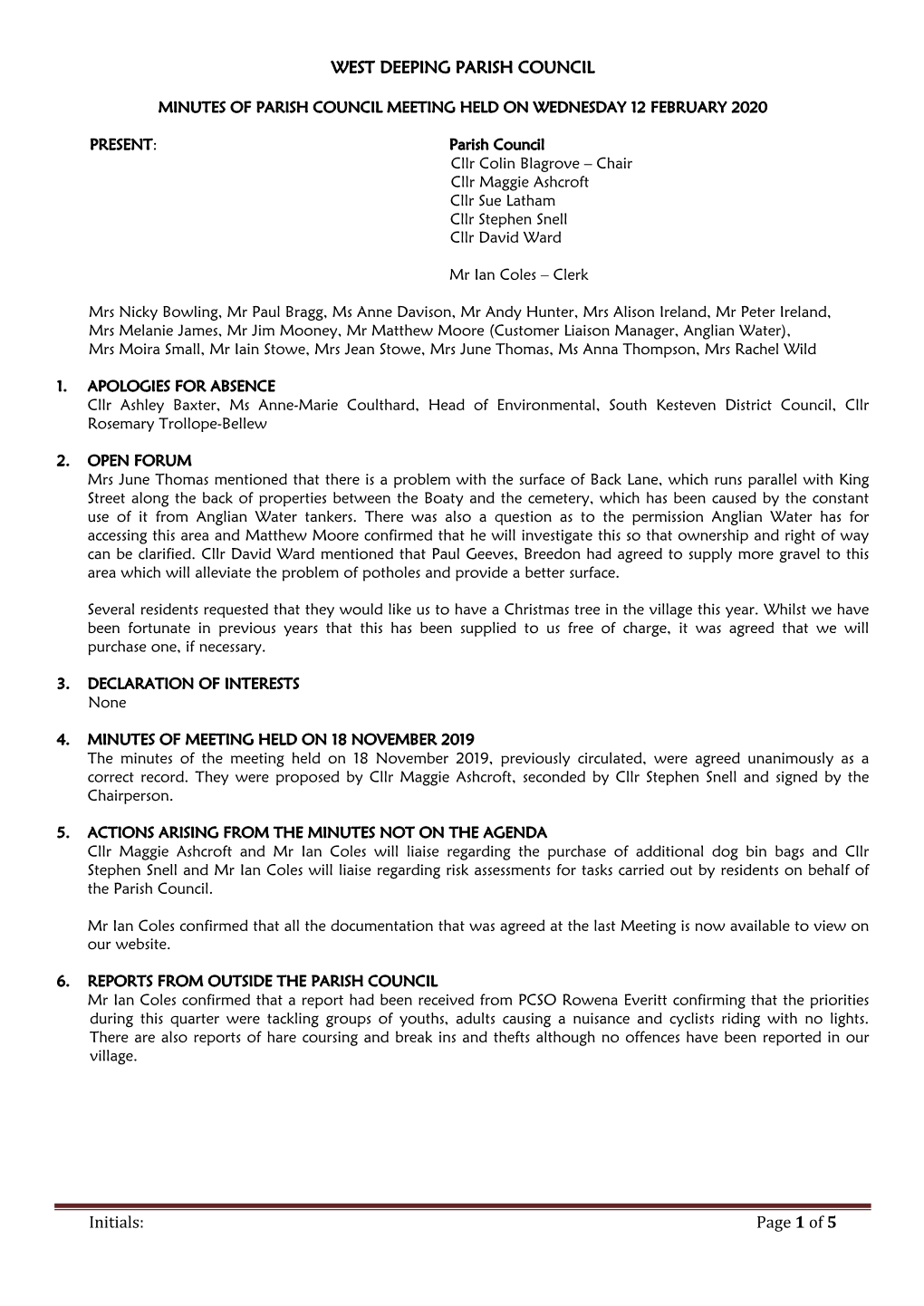 Initials: Page 1 of 5 WEST DEEPING PARISH COUNCIL