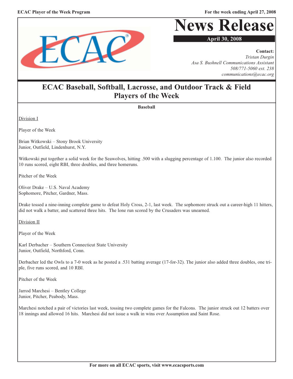 ECAC Spring Players of the Week