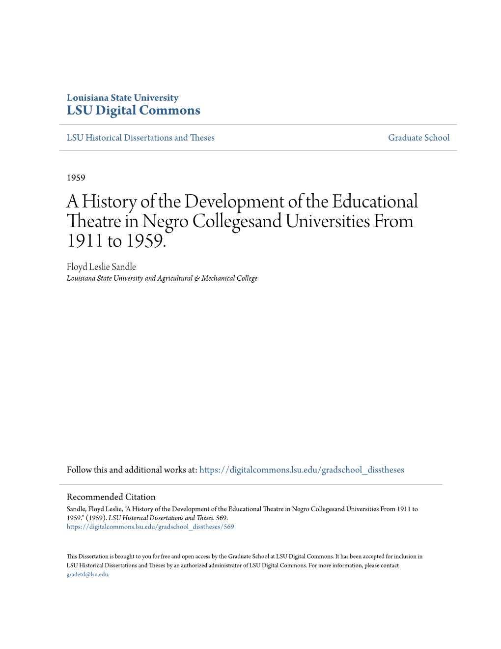 A History of the Development of the Educational Theatre in Negro Collegesand Universities from 1911 to 1959