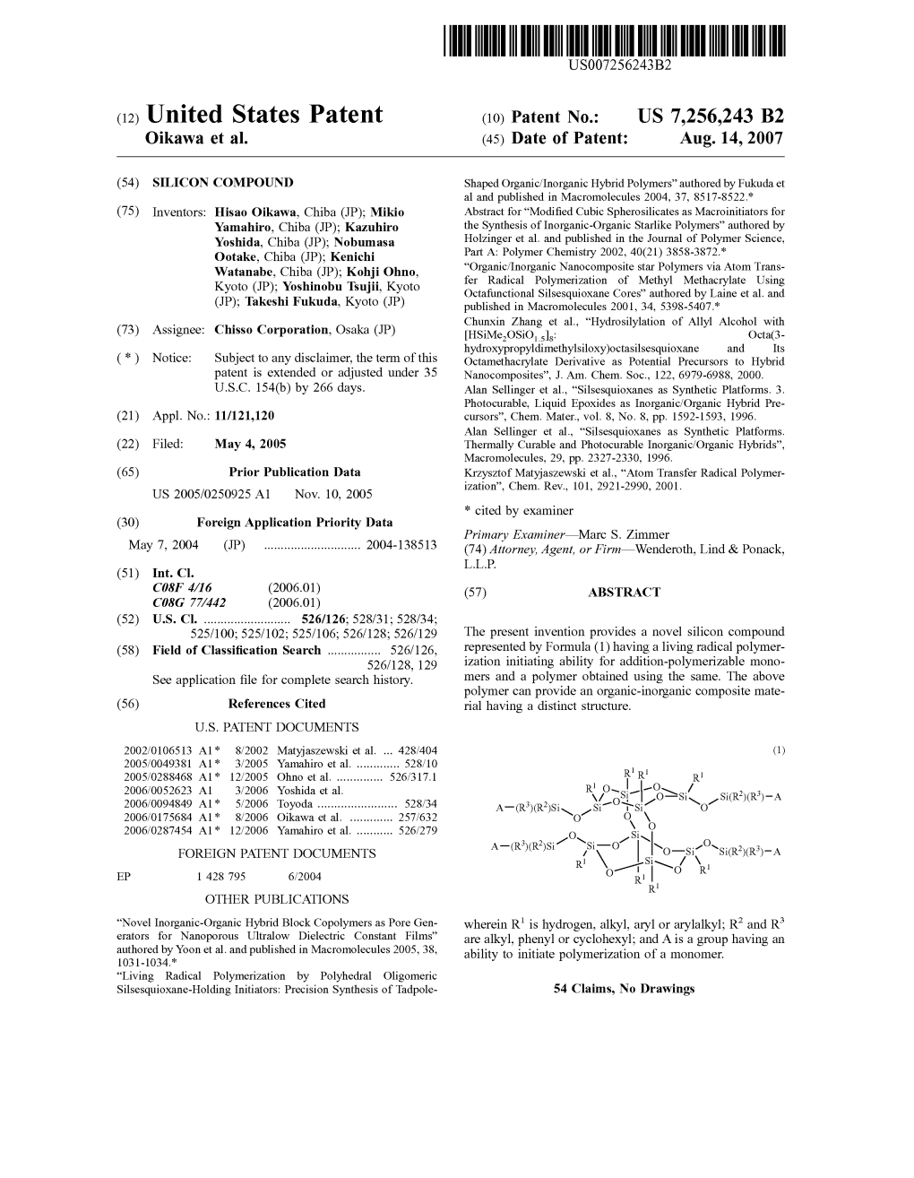 (12) United States Patent (10) Patent No.: US 7.256.243 B2 Oikawa Et Al