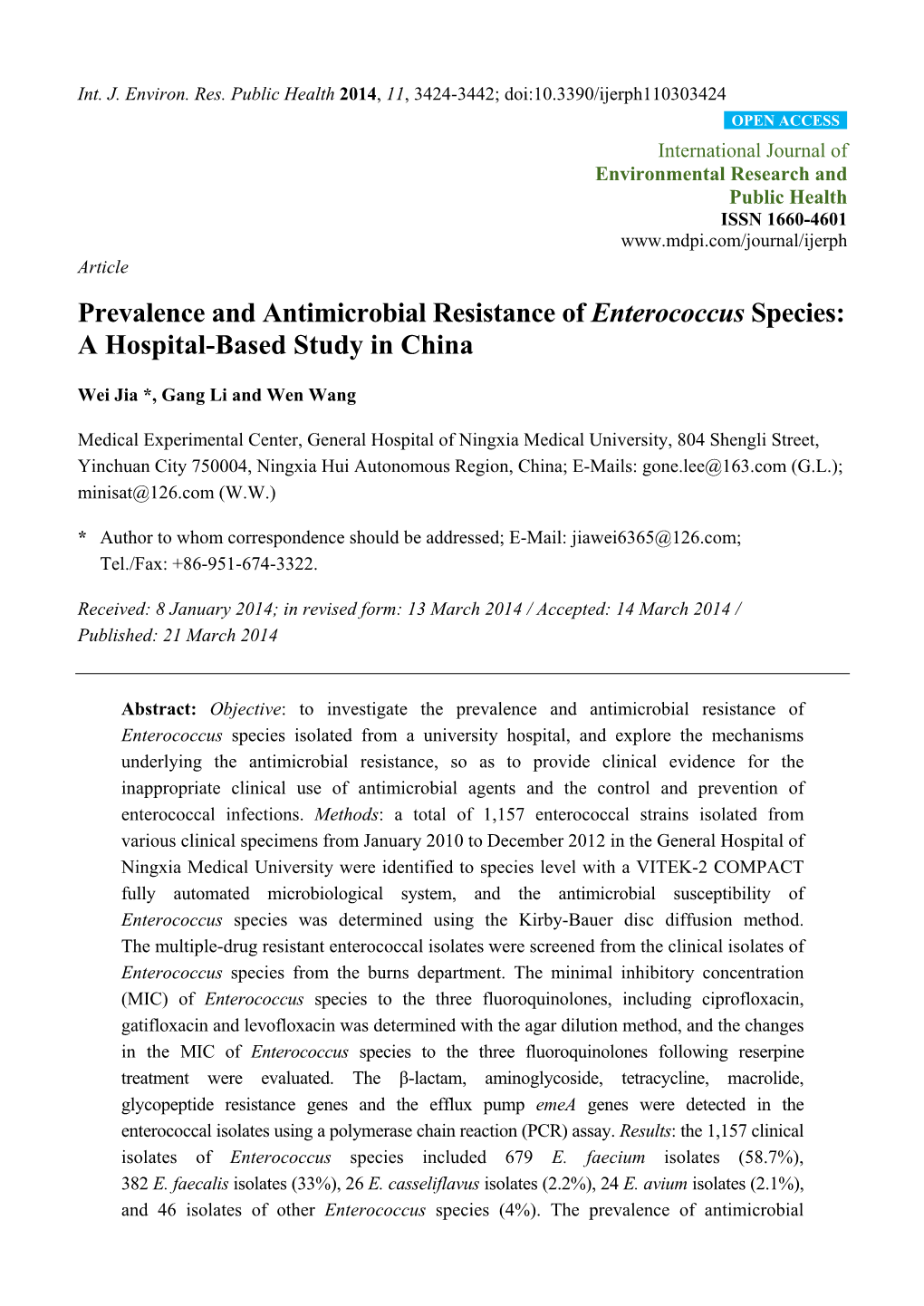 Prevalence and Antimicrobial Resistance of Enterococcus Species: a Hospital-Based Study in China