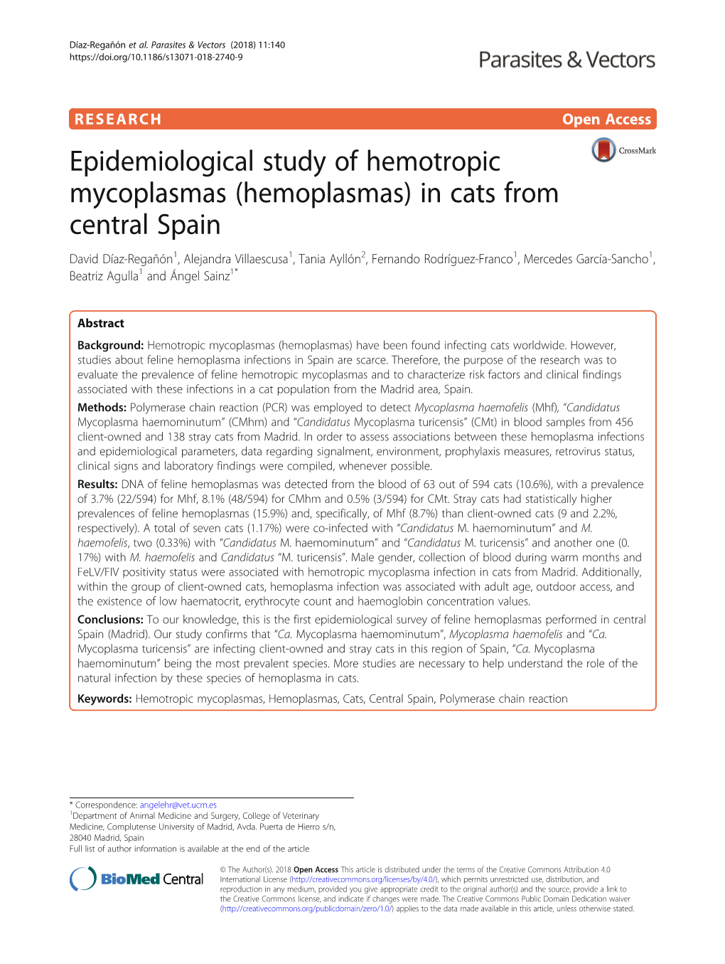 Epidemiological Study of Hemotropic Mycoplasmas