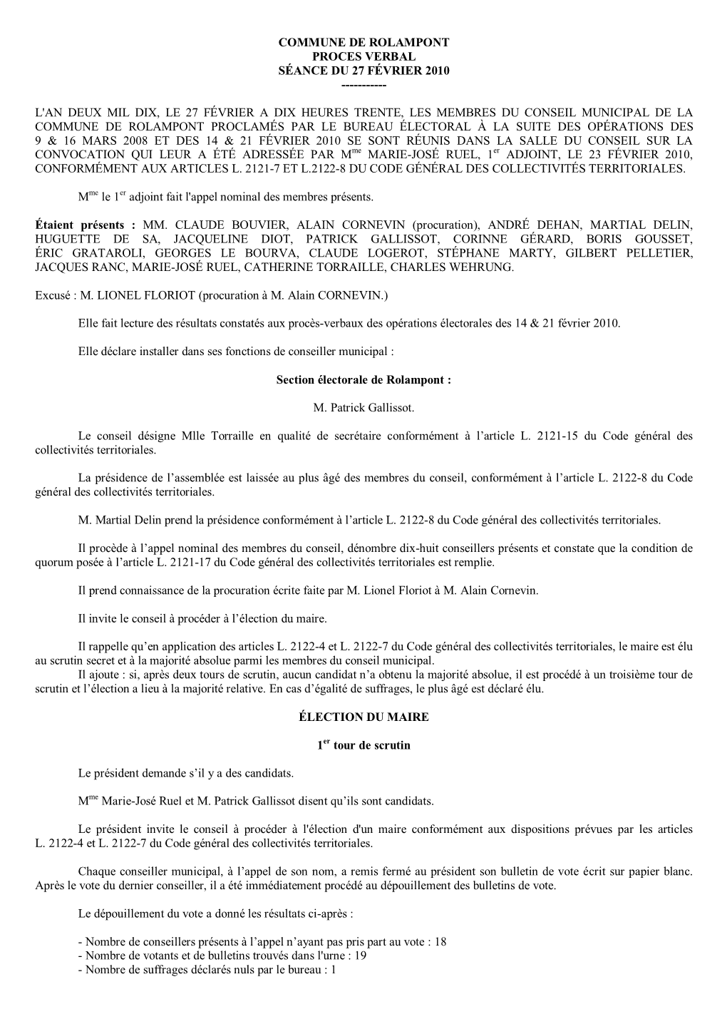 Commune De Rolampont Proces Verbal Séance Du 27 Février 2010