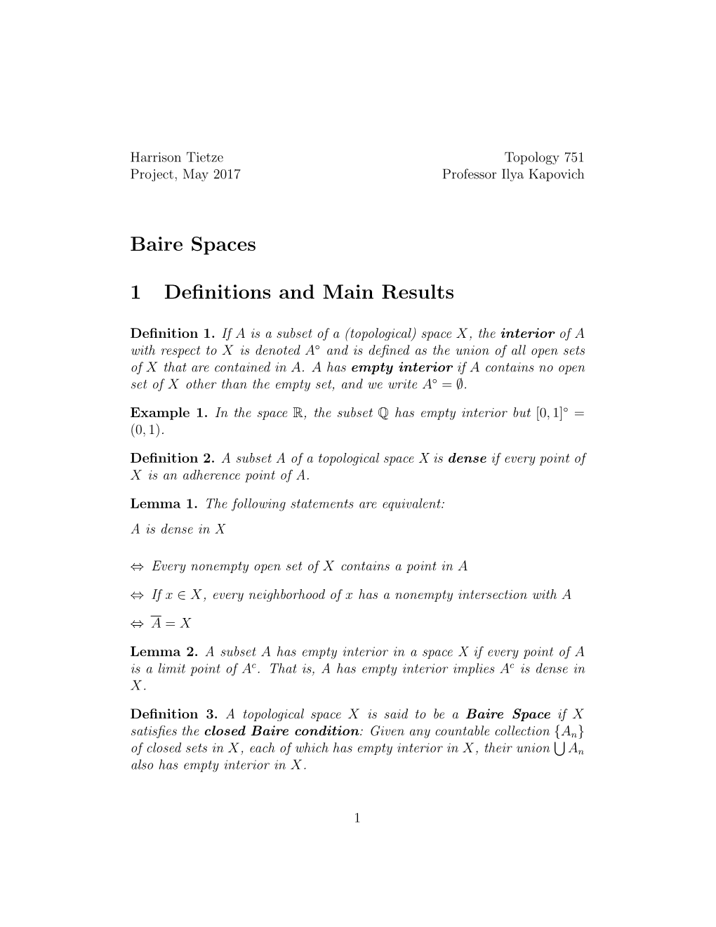 Baire Spaces 1 Definitions and Main Results