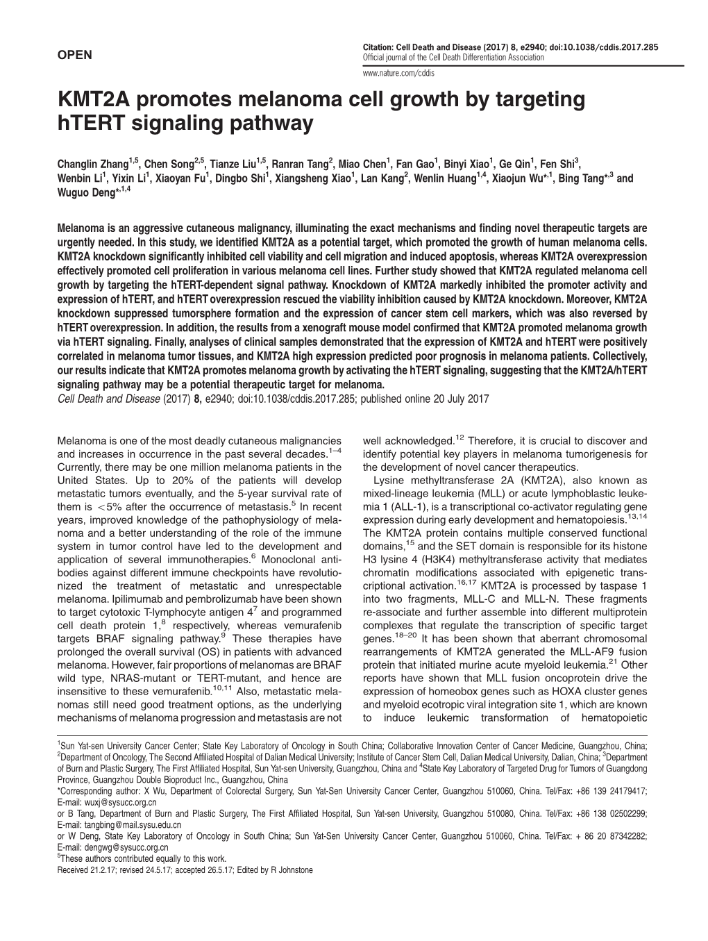 KMT2A Promotes Melanoma Cell Growth by Targeting Htert Signaling Pathway