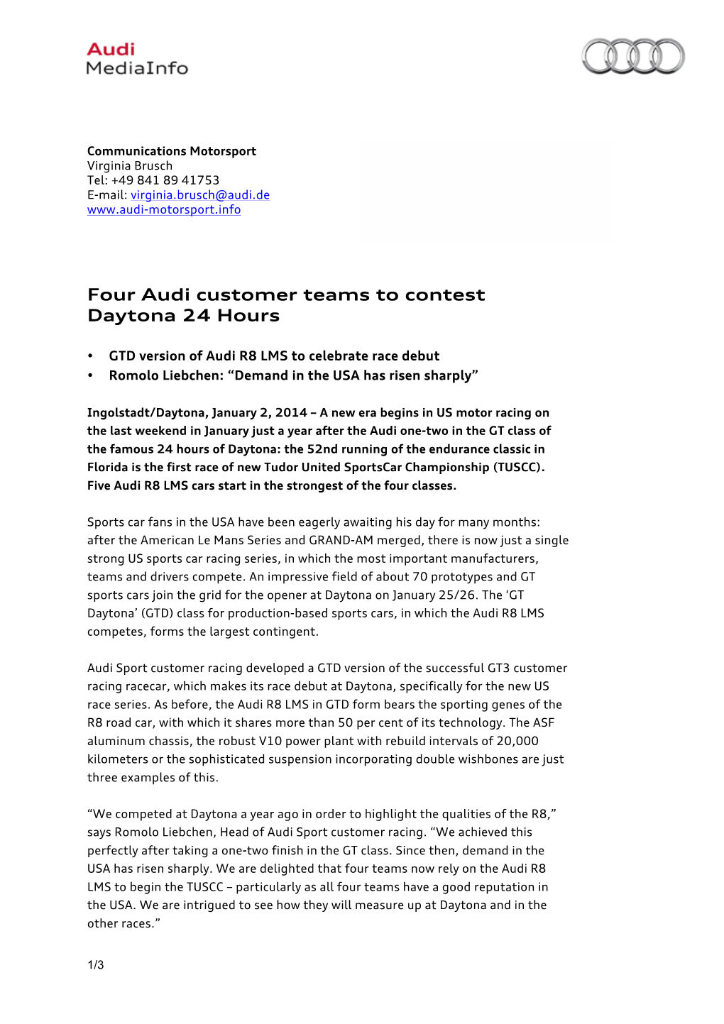 Four Audi Customer Teams to Contest Daytona 24 Hours