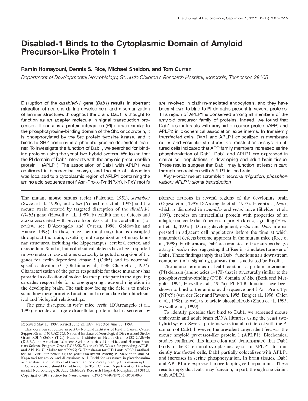 Disabled-1 Binds to the Cytoplasmic Domain of Amyloid Precursor-Like Protein 1