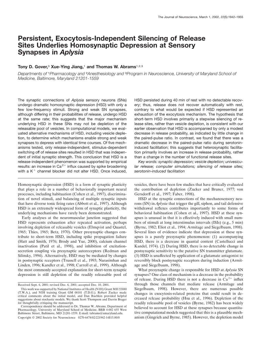 Persistent, Exocytosis-Independent Silencing of Release Sites Underlies Homosynaptic Depression at Sensory Synapses Inaplysia