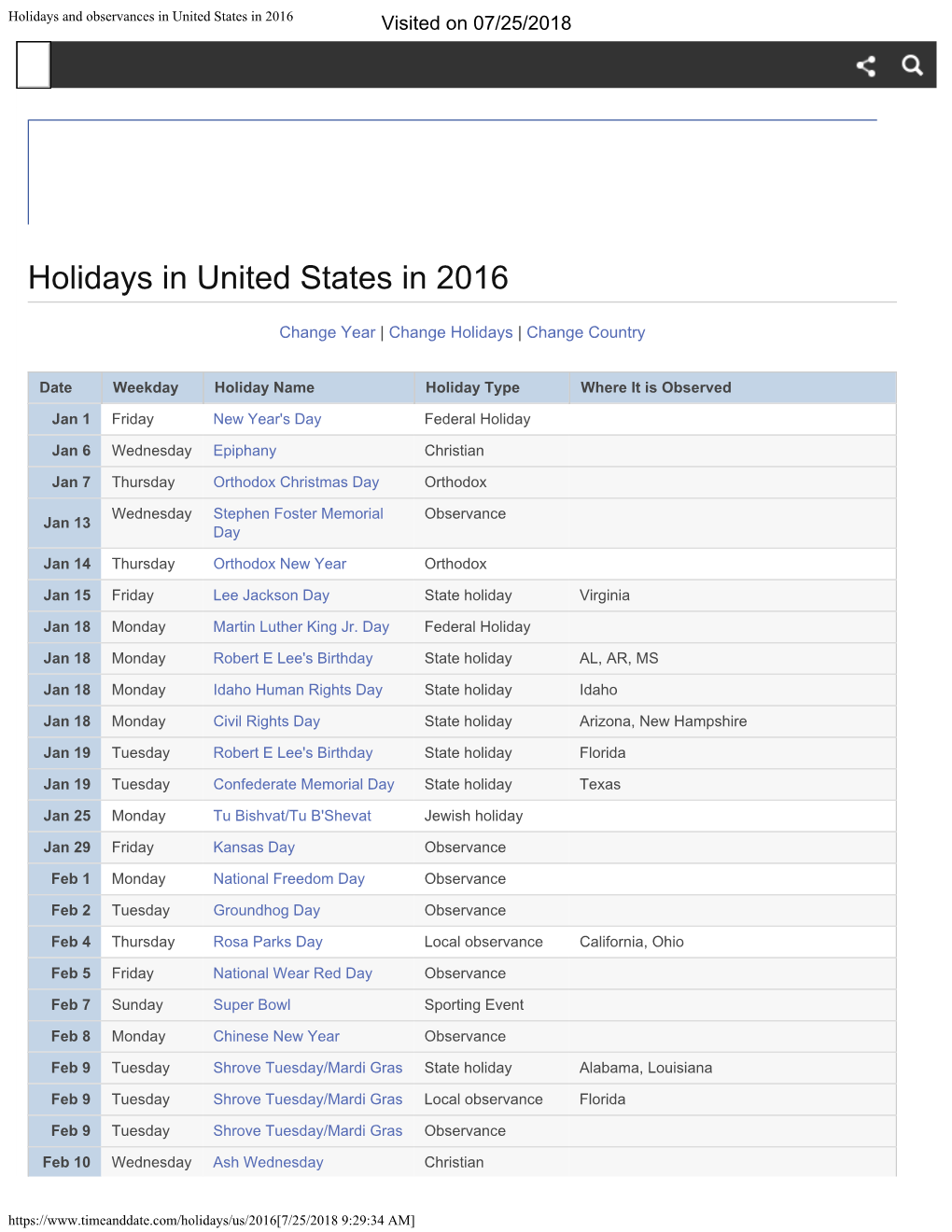 Holidays and Observances in United States in 2016 Visited on 07/25/2018