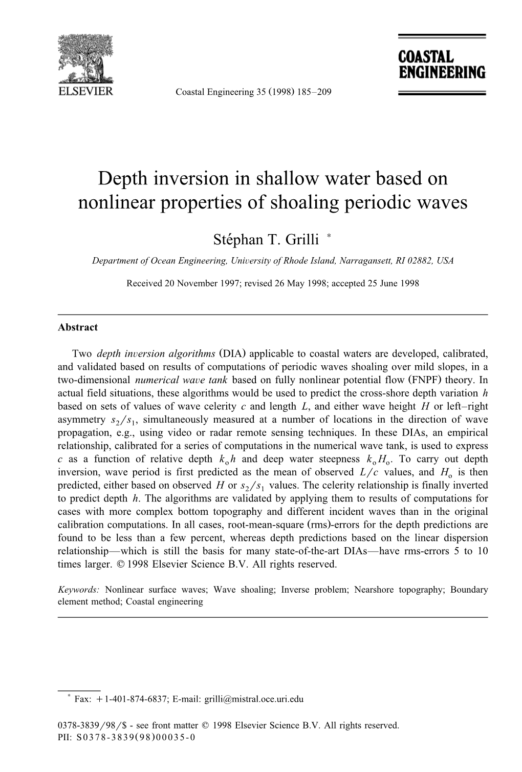 Depth Inversion in Shallow Water Based on Nonlinear Properties of Shoaling Periodic Waves