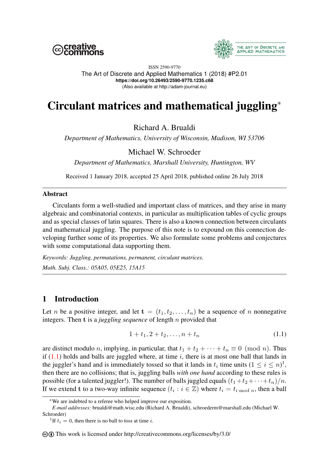 Circulant Matrices and Mathematical Juggling∗