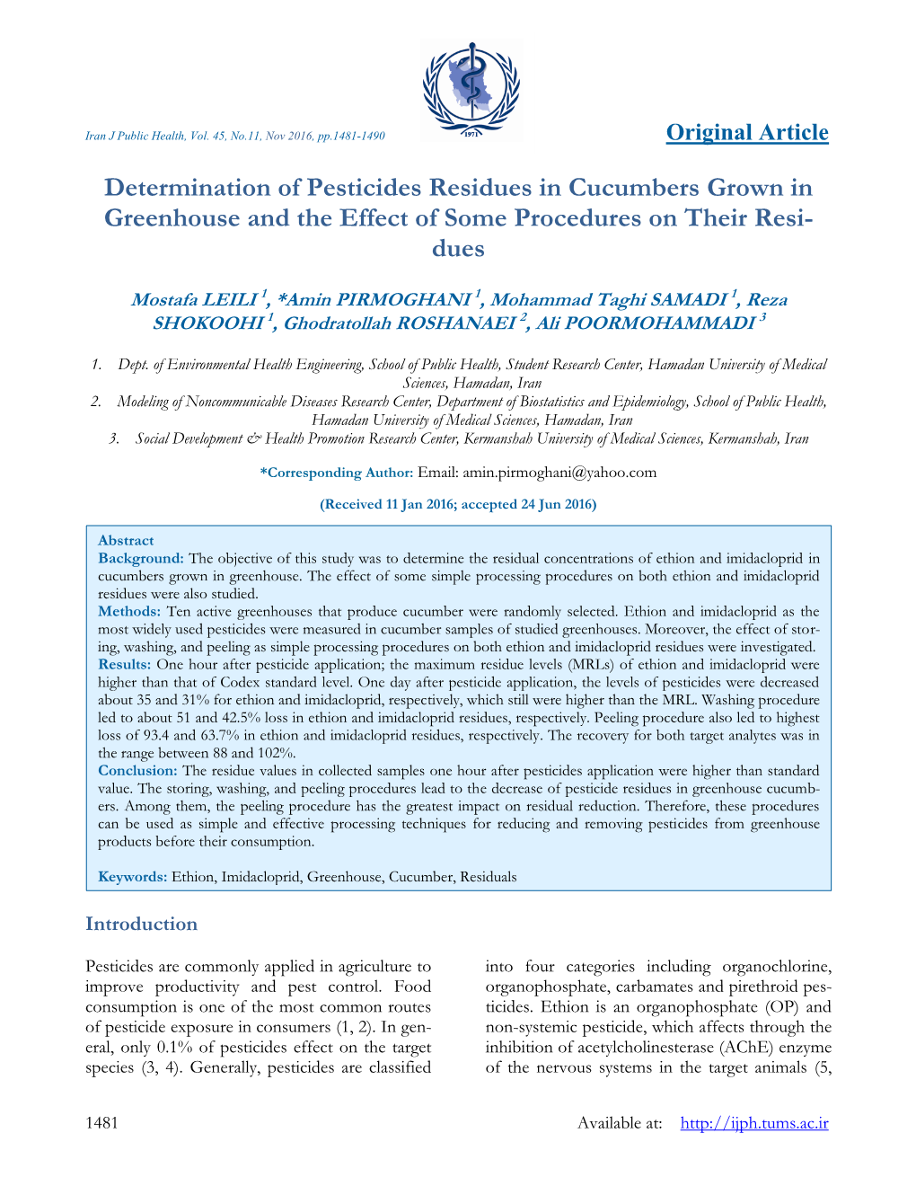 Determination of Pesticides Residues in Cucumbers Grown in Greenhouse and the Effect of Some Procedures on Their Resi- Dues
