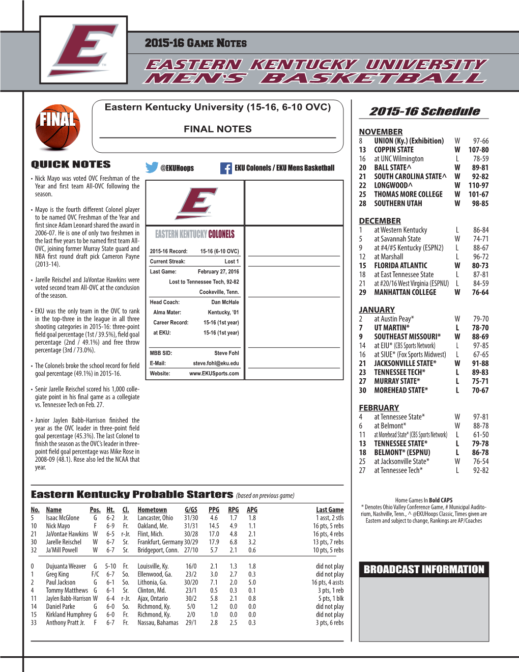 Eastern Kentucky University Men 'S Basketball 2015-16 Schedule