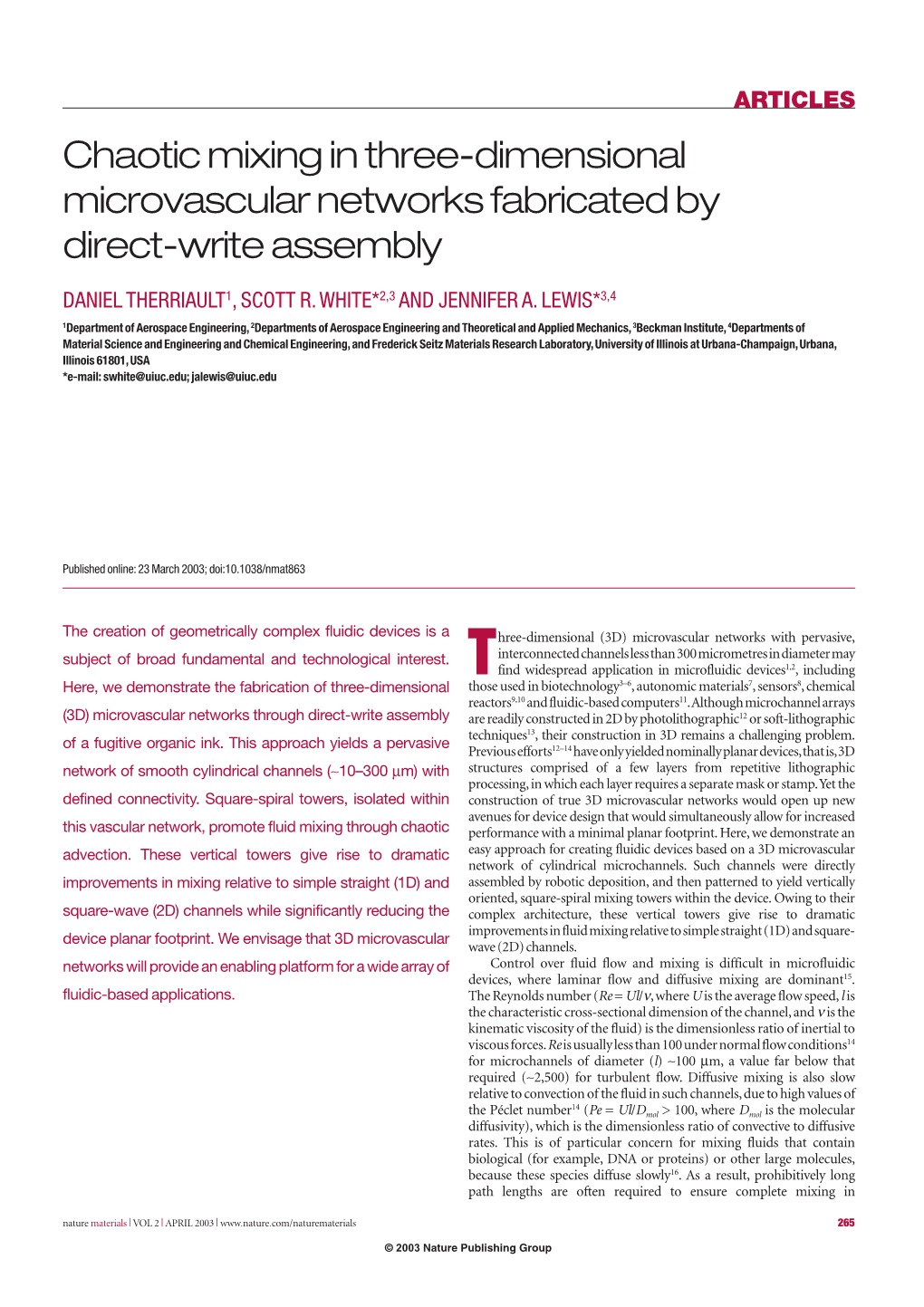 Chaotic Mixing in Three-Dimensional Microvascular Networks Fabricated by Direct-Write Assembly