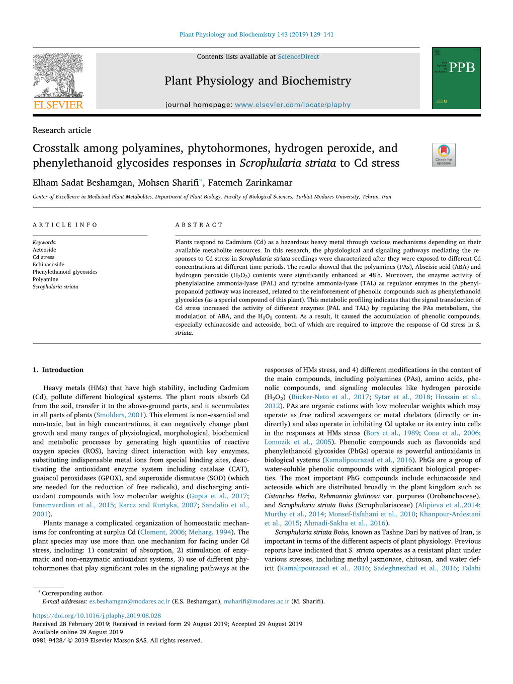 Crosstalk Among Polyamines, Phytohormones, Hydrogen Peroxide, and Phenylethanoid Glycosides Responses in Scrophularia Striata to Cd Stress T