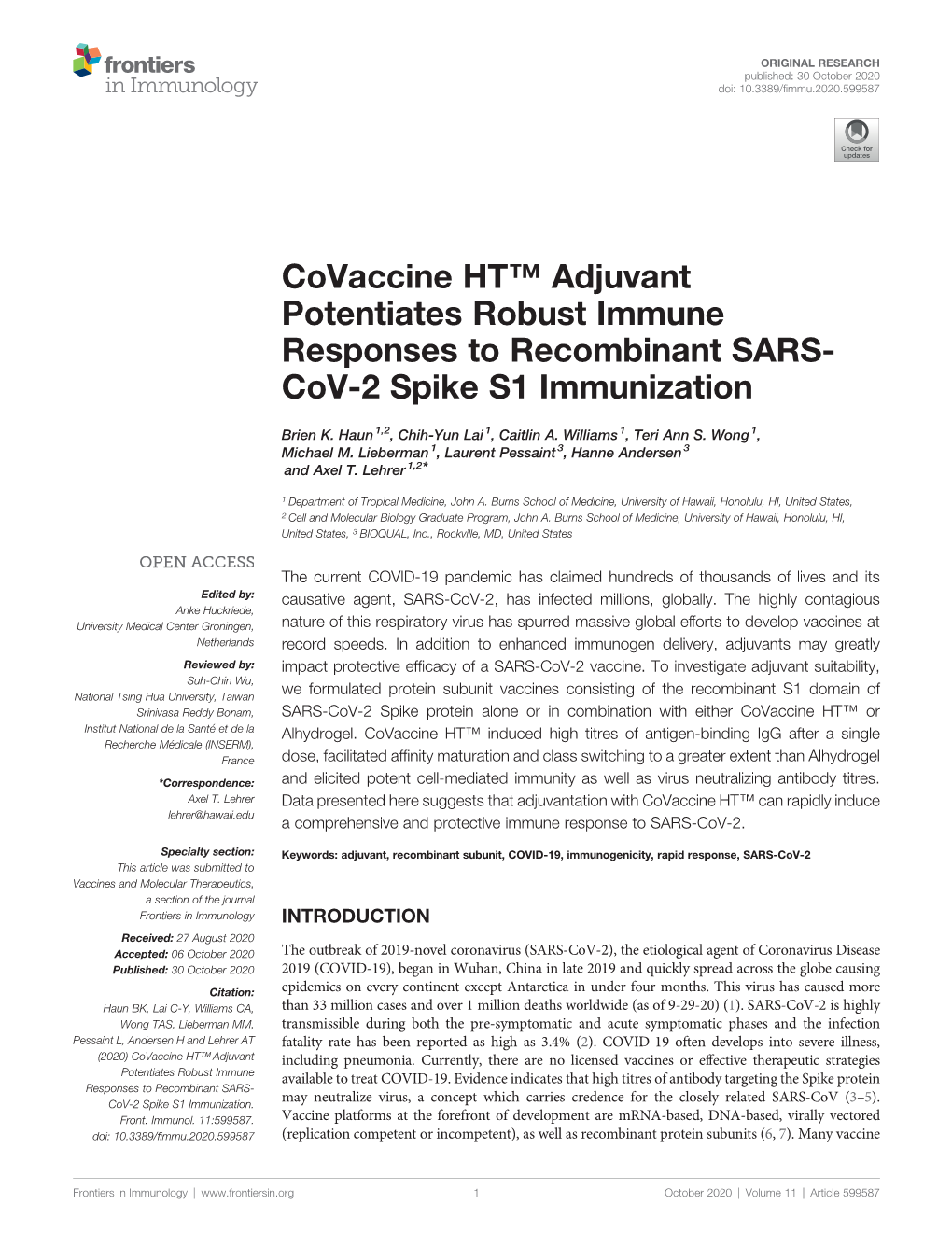 Adjuvant Potentiates Robust Immune Responses to Recombinant SARS- Cov-2 Spike S1 Immunization