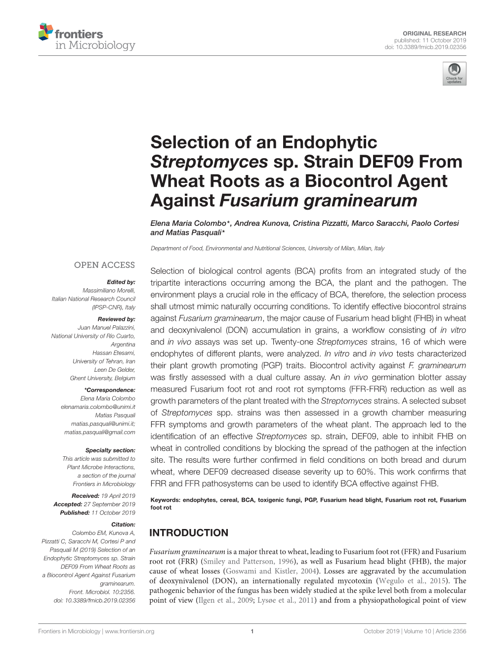 2019 Columbo Et Al Selection of Endophytic Strept Strain DEF09 from Wheat Roots As A