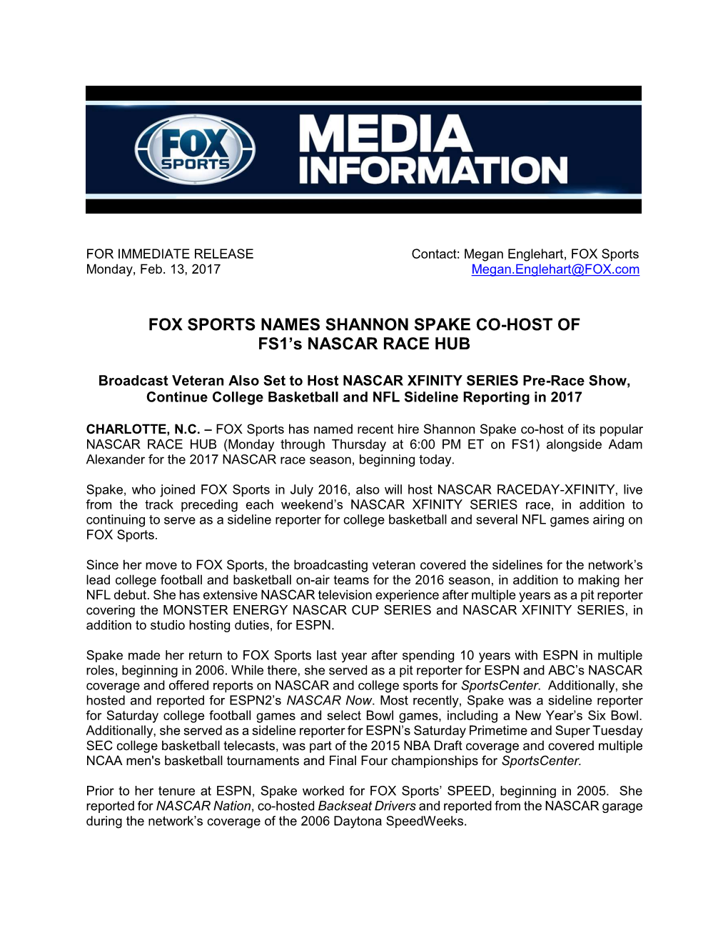 FOX Sports Names Shannon Spake Co-Host of FS1's NASCAR