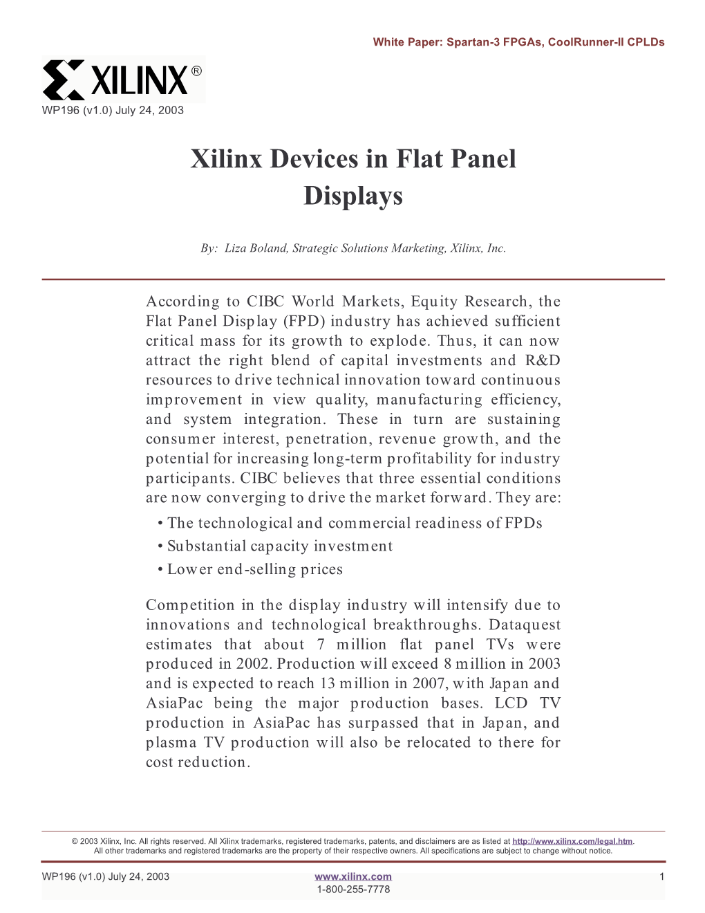 Xilinx WP196 Xilinx Devices in Flat Panel Displays, White Paper