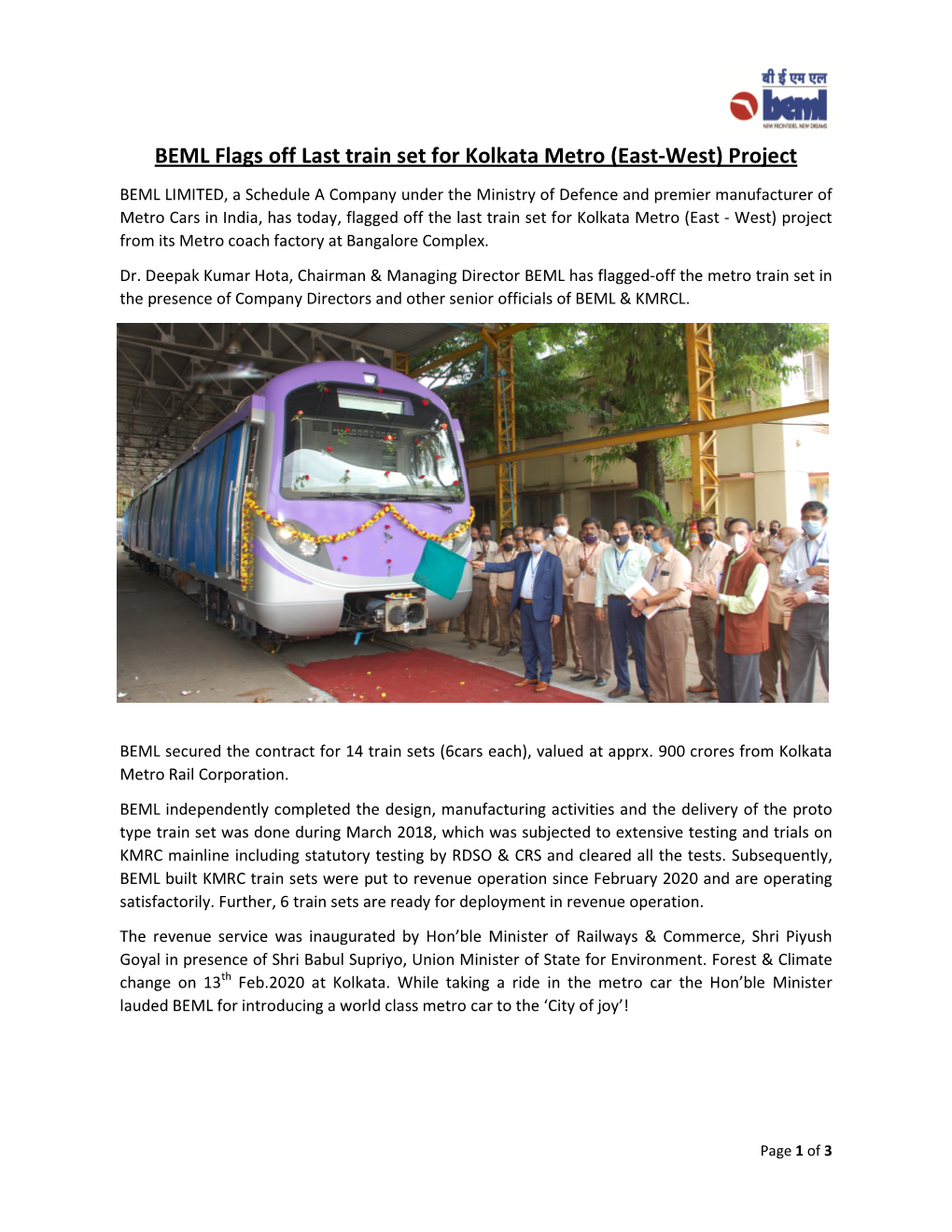 BEML Flags Off Last Train Set for Kolkata Metro (East-West) Project