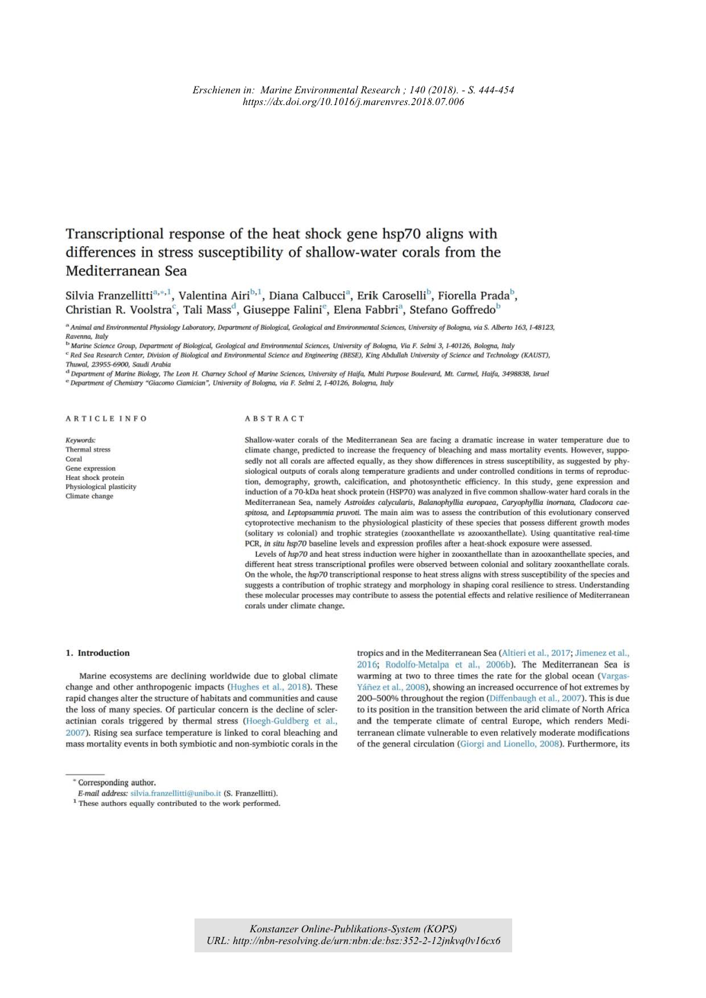 Transcriptional Response of the Heat Shock Gene Hsp70 Aligns with Differences in Stress Susceptibility of Shallow-Water Corals from the Mediterranean Sea