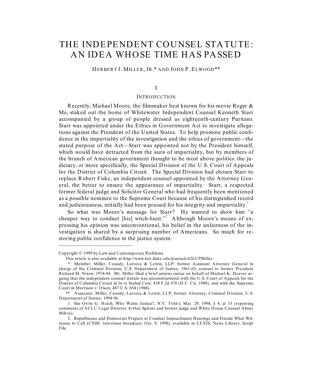 The Independent Counsel Statute: an Idea Whose Time Has Passed