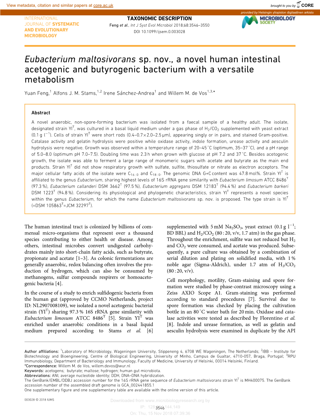 Eubacterium Maltosivorans Sp. Nov., a Novel Human Intestinal Acetogenic and Butyrogenic Bacterium with a Versatile Metabolism