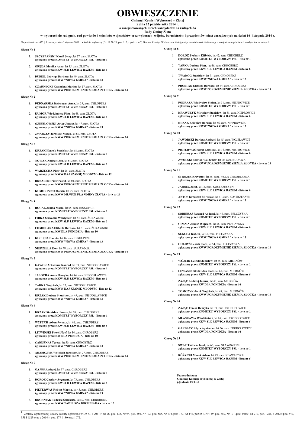 OBWIESZCZENIE Gminnej Komisji Wyborczej W Złotej Z Dnia 22 Pa Ździernika 2014 R
