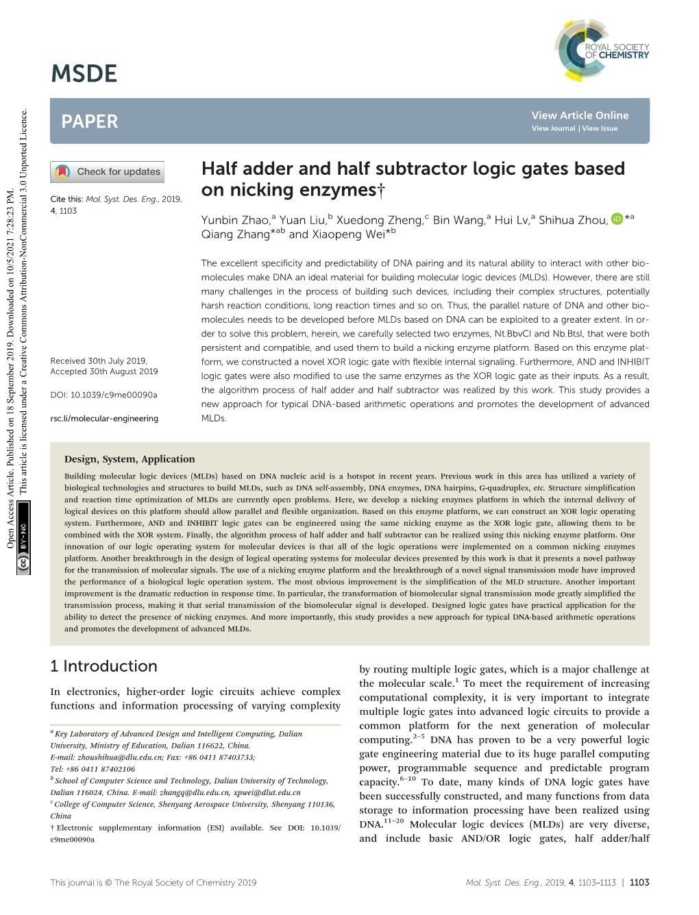 PAPER Half Adder and Half Subtractor Logic Gates Based on Nicking Enzymes