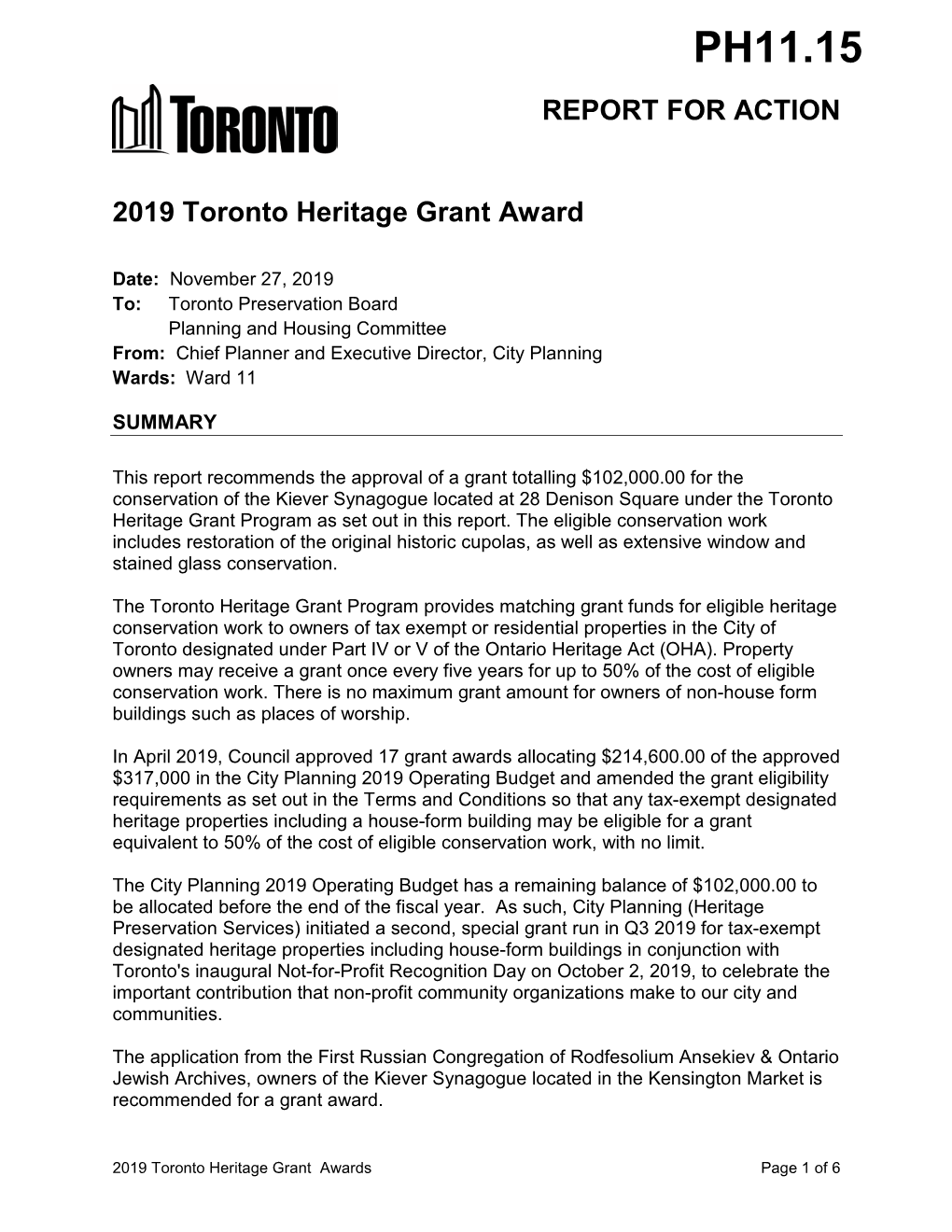 REPORT for ACTION 2019 Toronto Heritage Grant Award