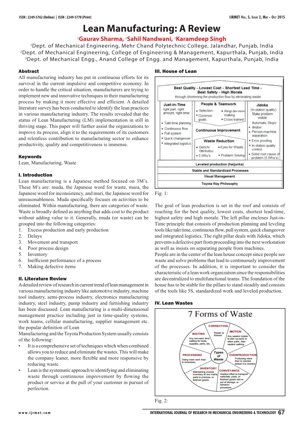 Lean Manufacturing: a Review 1Gaurav Sharma, 2Sahil Nandwani, 3Karamdeep Singh 1Dept