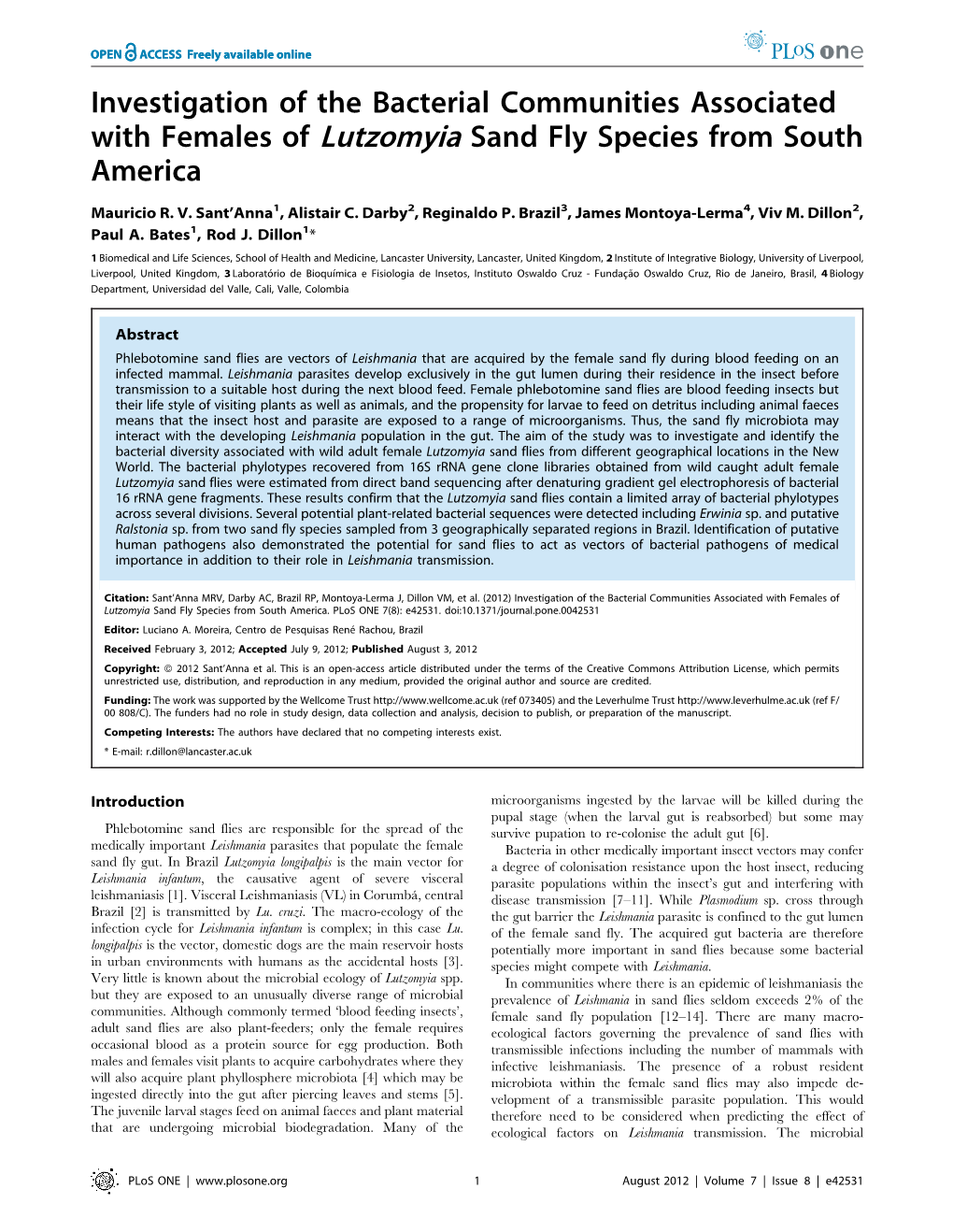 Investigation of the Bacterial Communities Associated with Females of Lutzomyia Sand Fly Species from South America