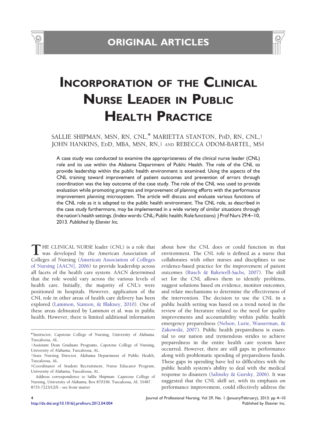 Incorporation of the Clinical Nurse Leader in Public Health Practice