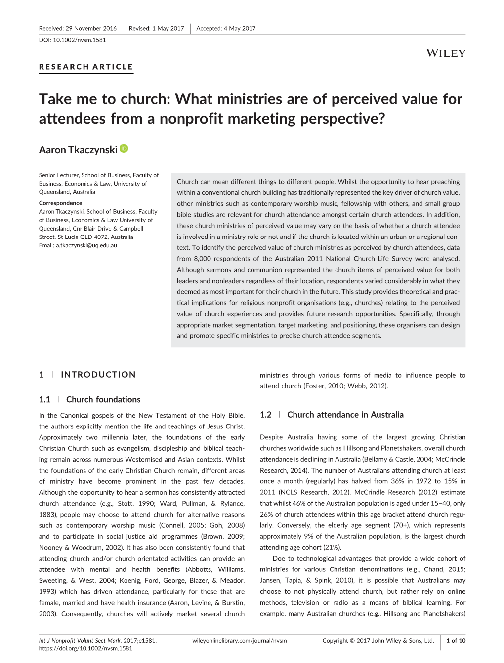 Take Me to Church: What Ministries Are of Perceived Value for Attendees from a Nonprofit Marketing Perspective?