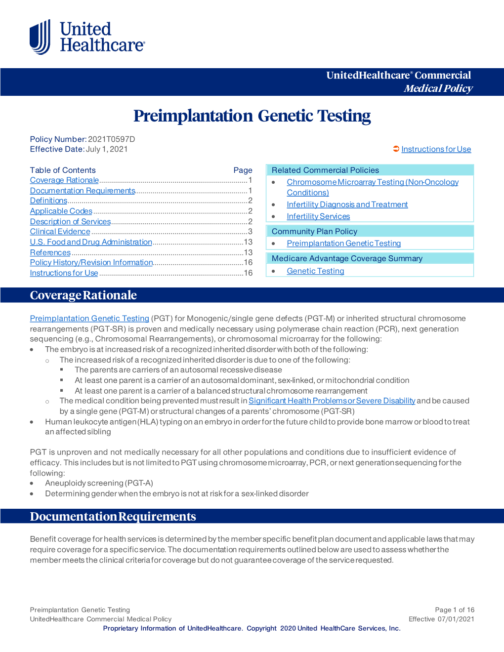 Preimplantation Genetic Testing – Commercial Medical Policy