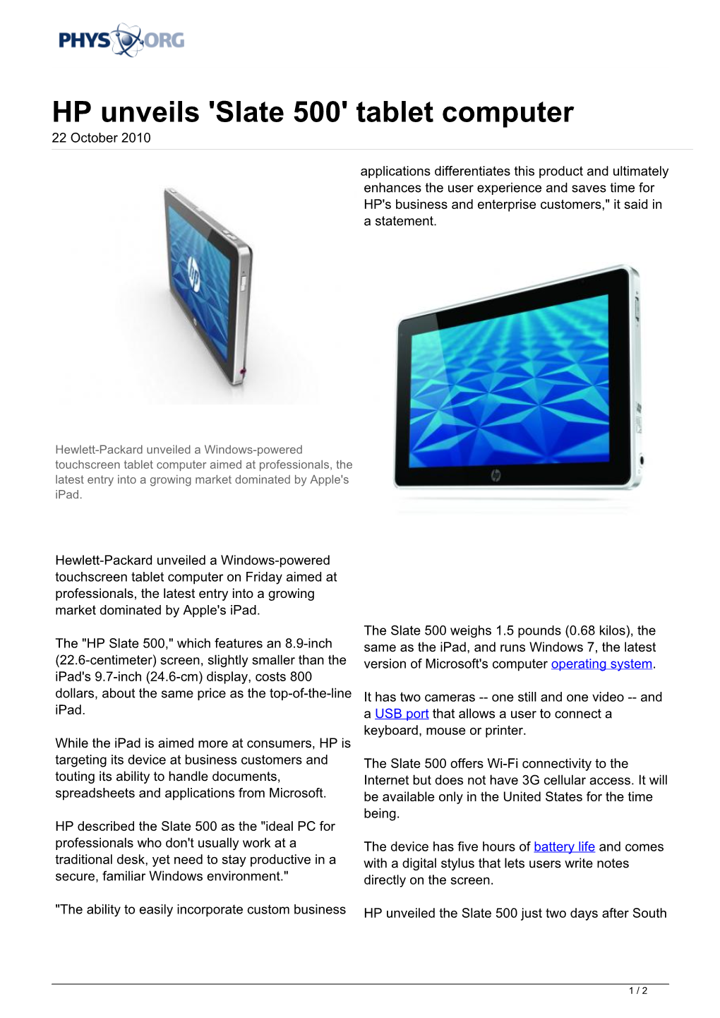 HP Unveils 'Slate 500' Tablet Computer 22 October 2010