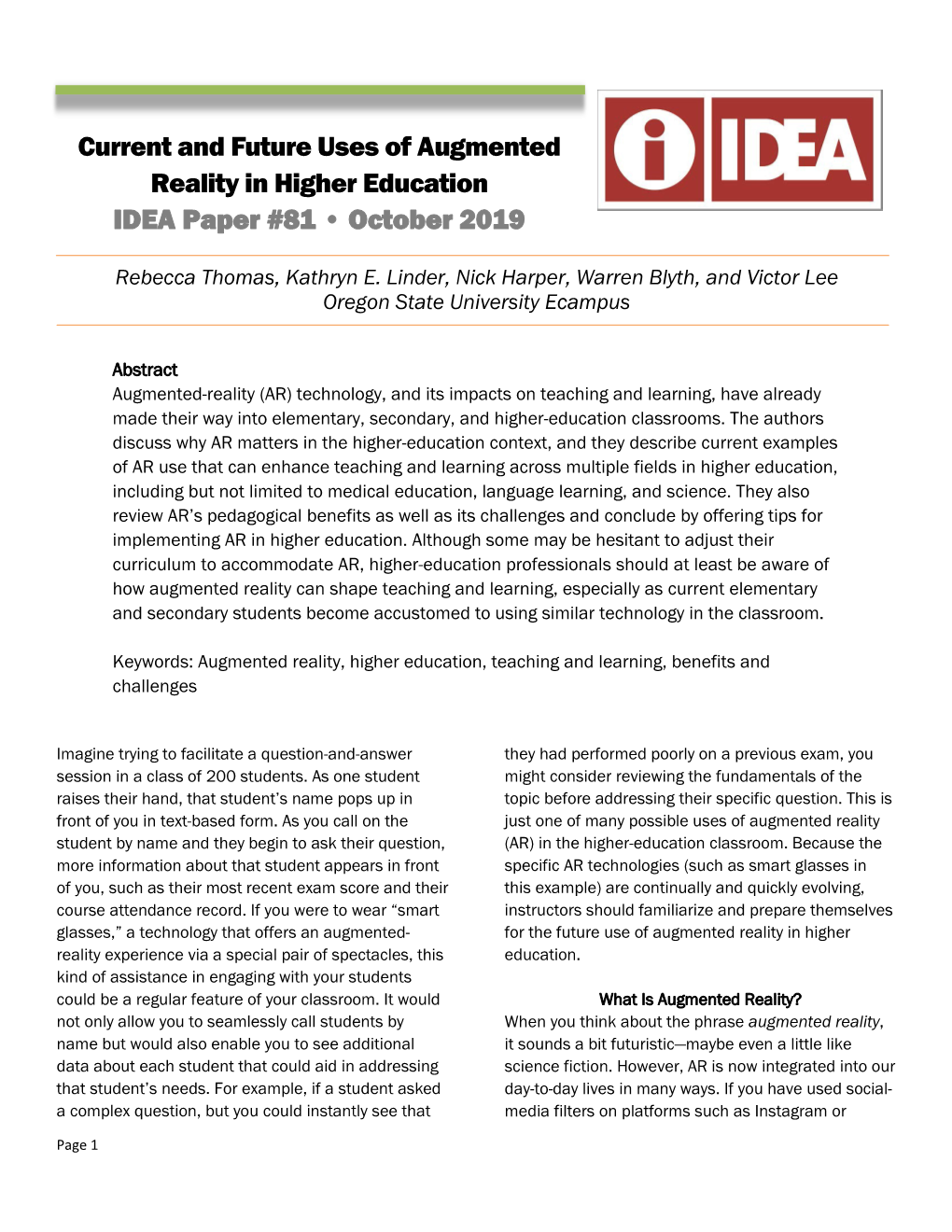 Current and Future Uses of Augmented Reality in Higher Education IDEA Paper #81 • October 2019