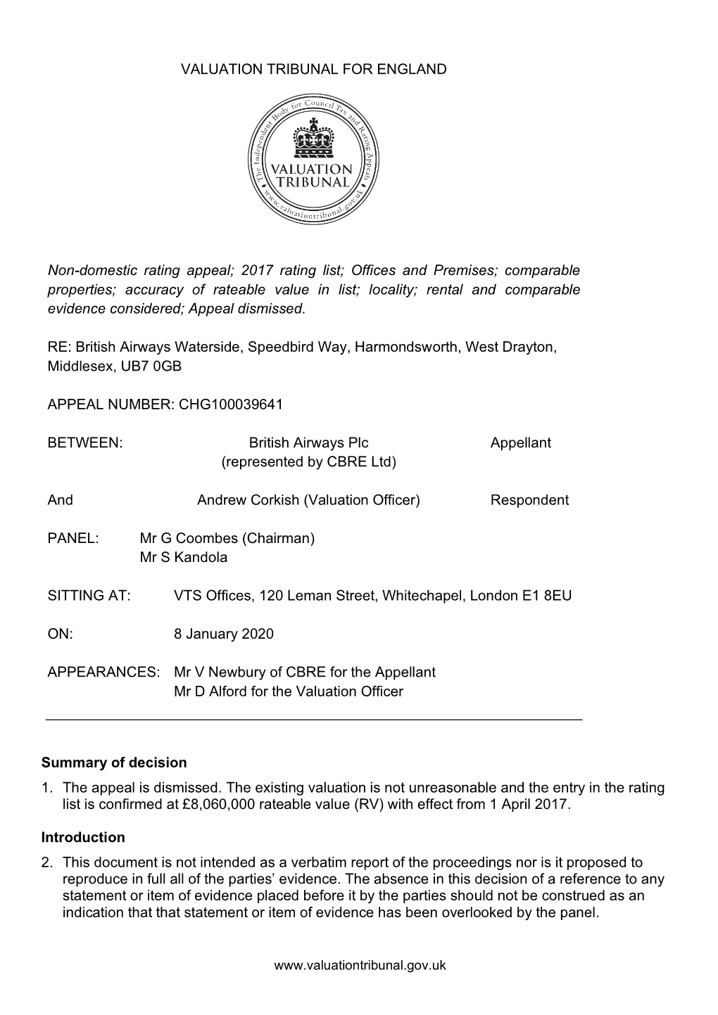 VALUATION TRIBUNAL for ENGLAND Non-Domestic Rating