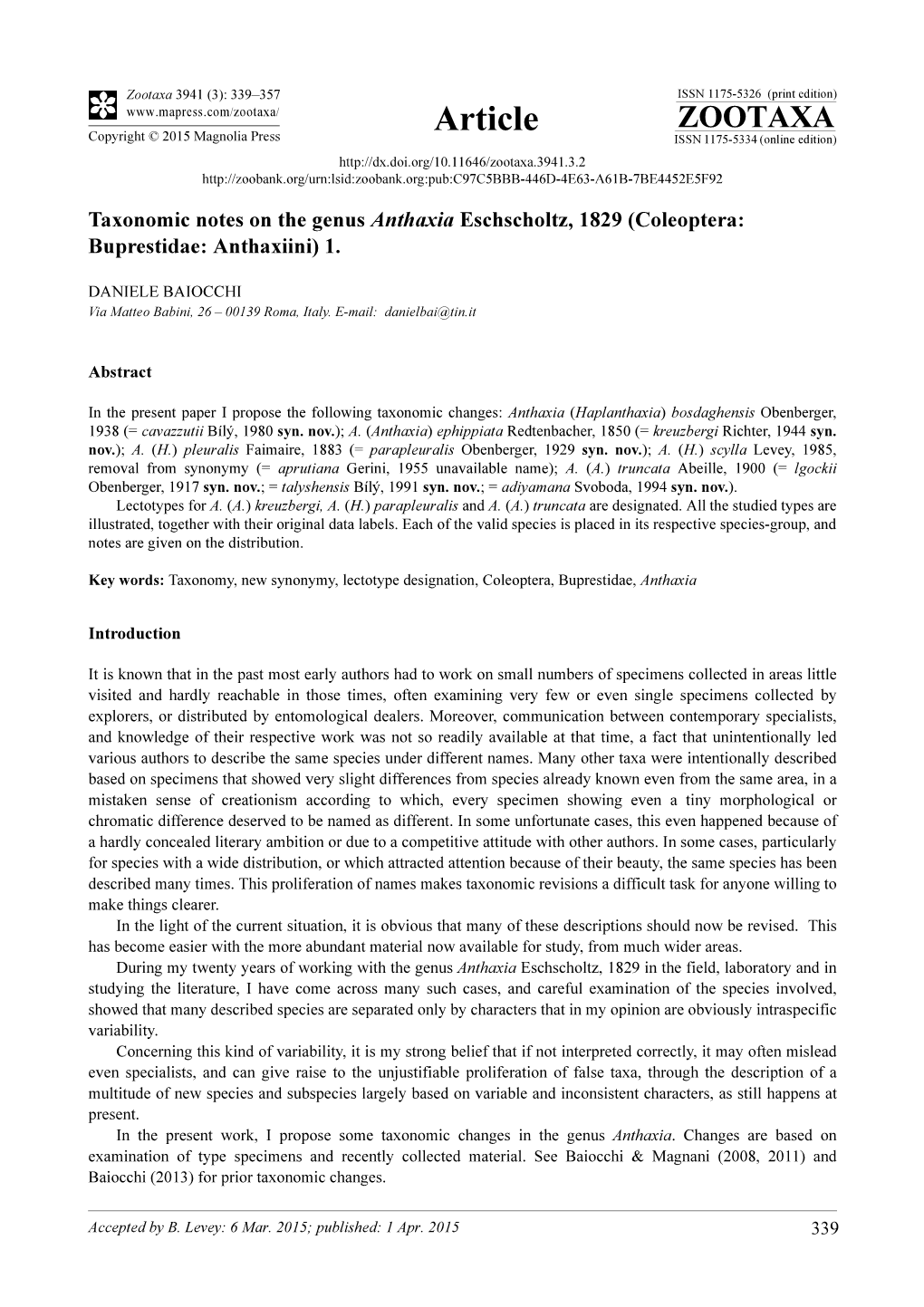 Taxonomic Notes on the Genus Anthaxia Eschscholtz, 1829 (Coleoptera: Buprestidae: Anthaxiini) 1