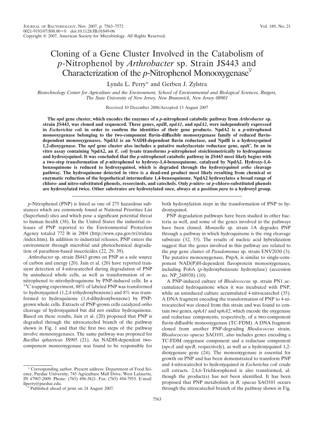 Cloning of a Gene Cluster Involved in the Catabolism of P-Nitrophenol by Arthrobacter Sp. Strain JS443 and Characterization of T