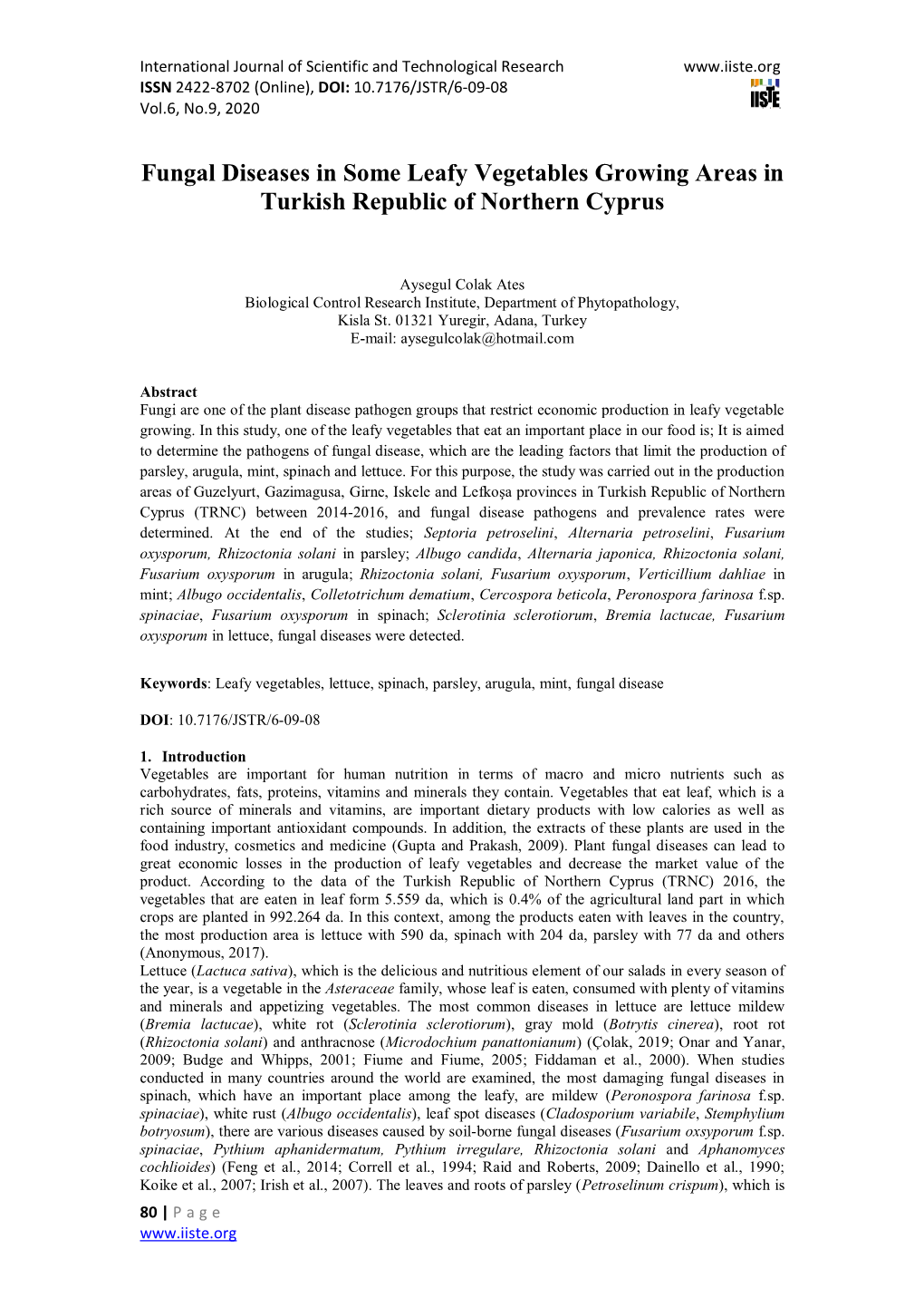 Fungal Diseases in Some Leafy Vegetables Growing Areas in Turkish Republic of Northern Cyprus