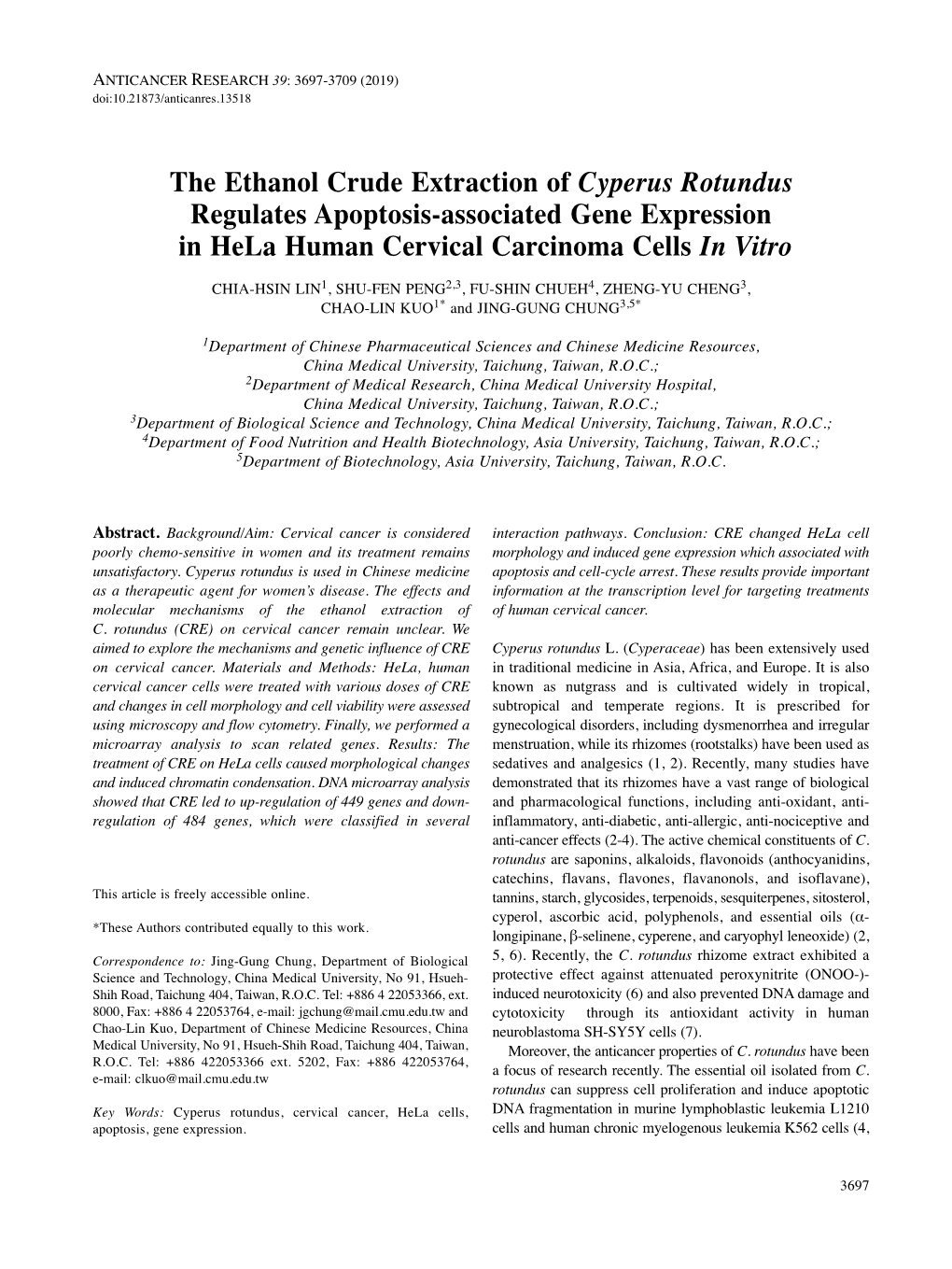 The Ethanol Crude Extraction of Cyperus Rotundus Regulates Apoptosis-Associated Gene Expression in Hela Human Cervical Carcinoma