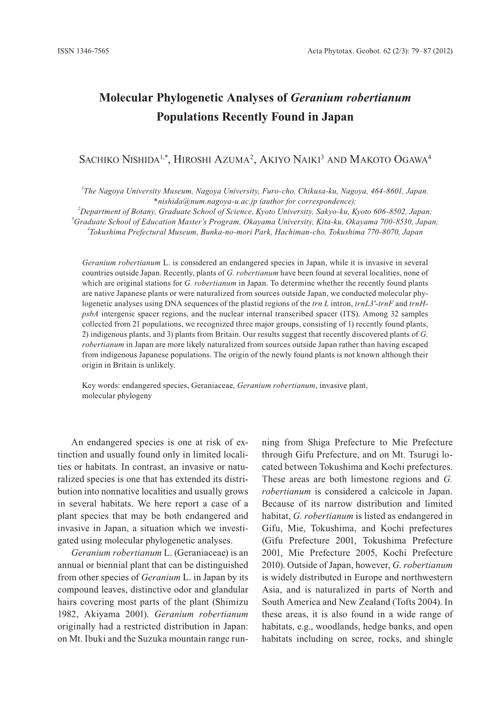 Molecular Phylogenetic Analyses of Geranium Robertianum Populations Recently Found in Japan