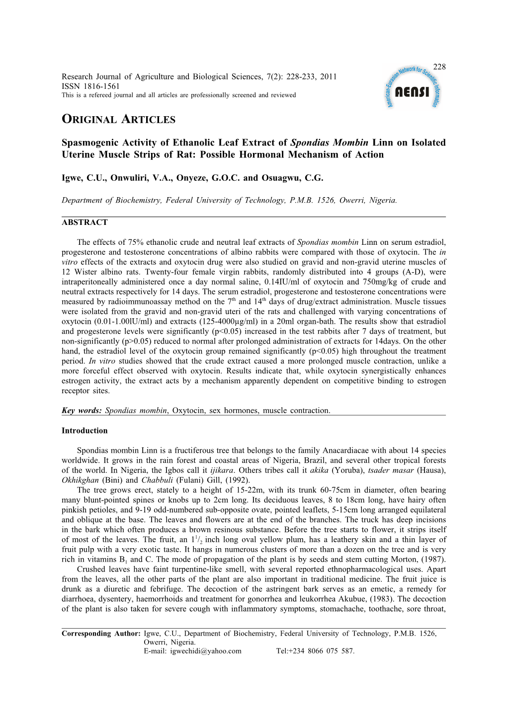 The Mechanism of Oxytocic Activity of Spondias Mombin Linn – a Preliminary Study