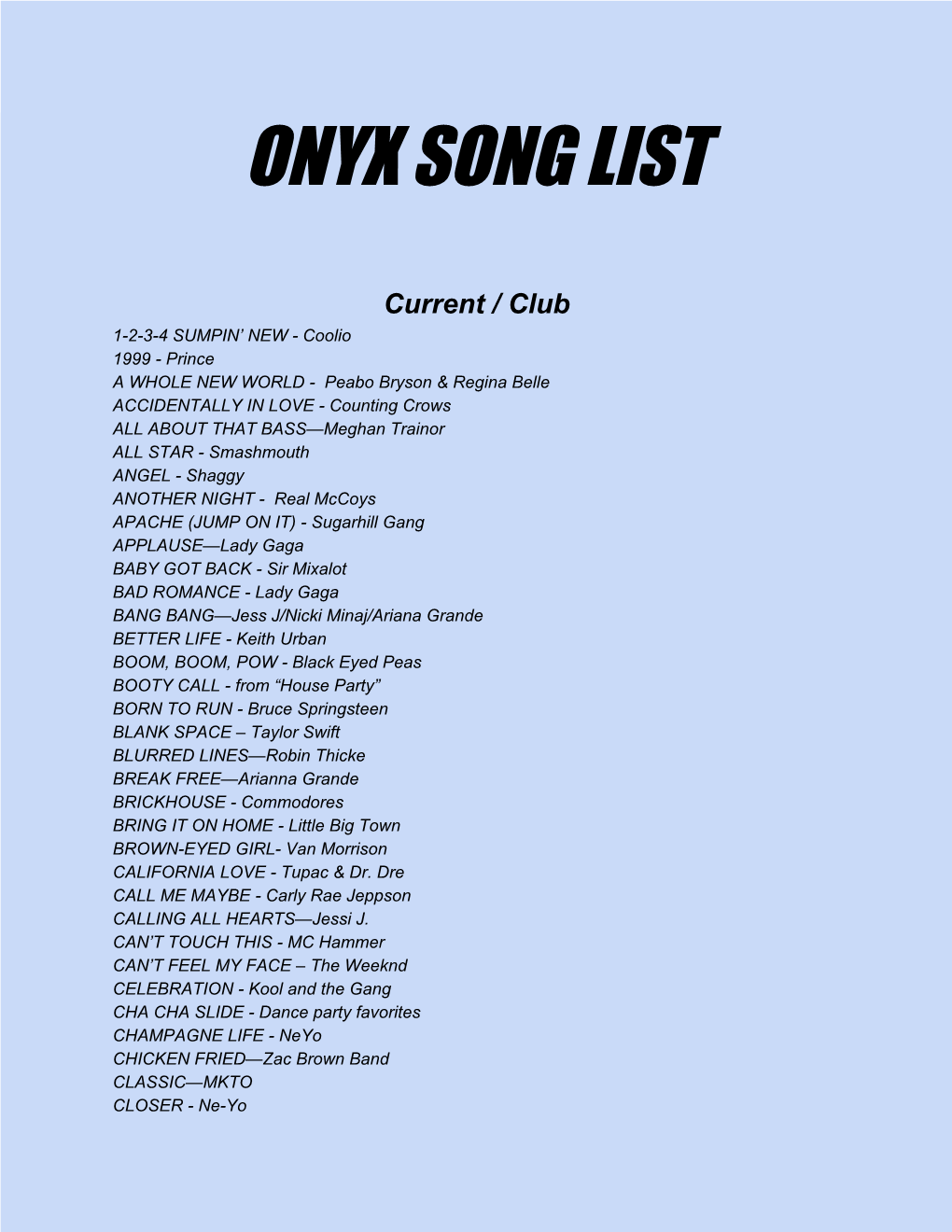 Onyx Song List
