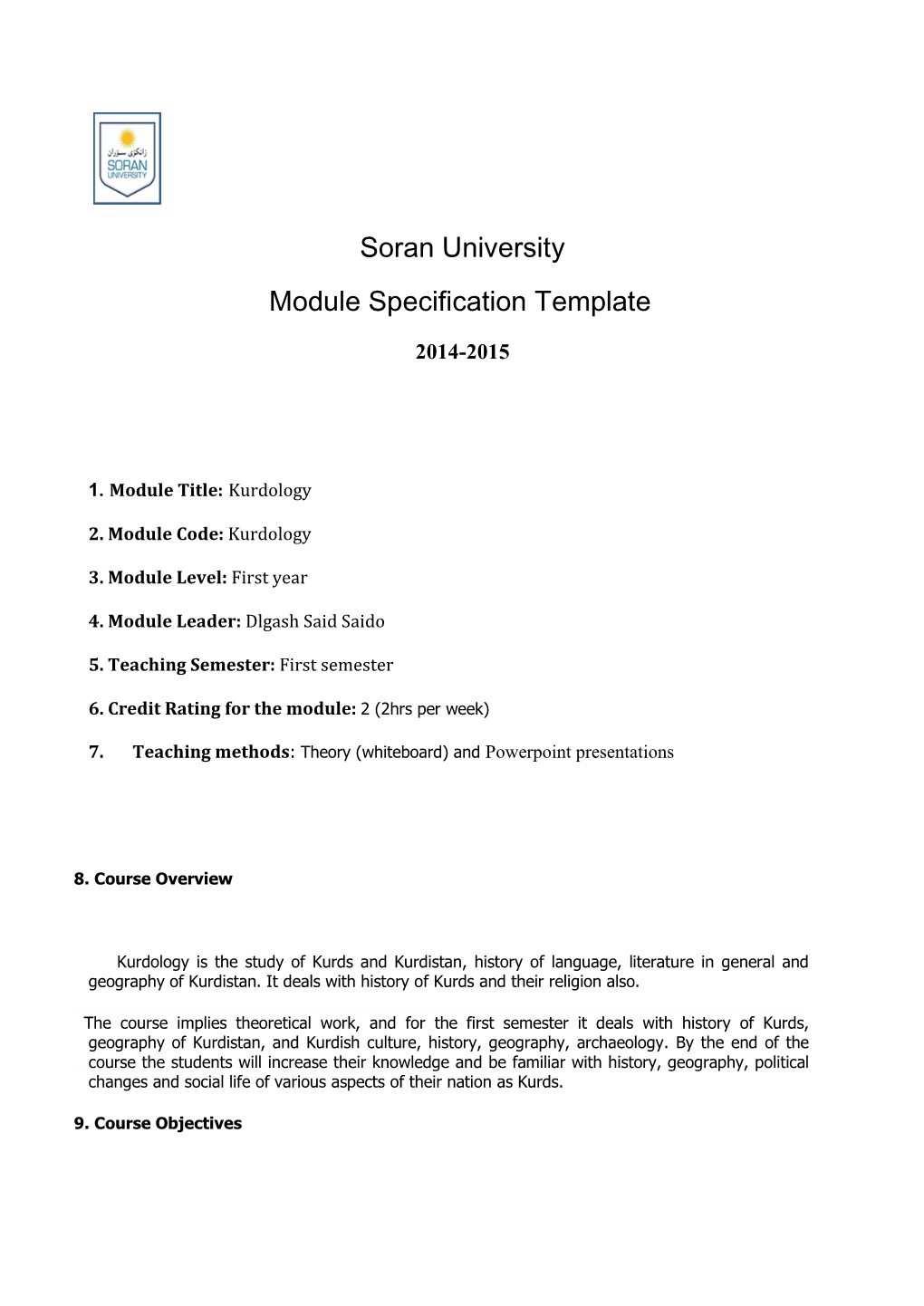 Soran University Module Specification Template