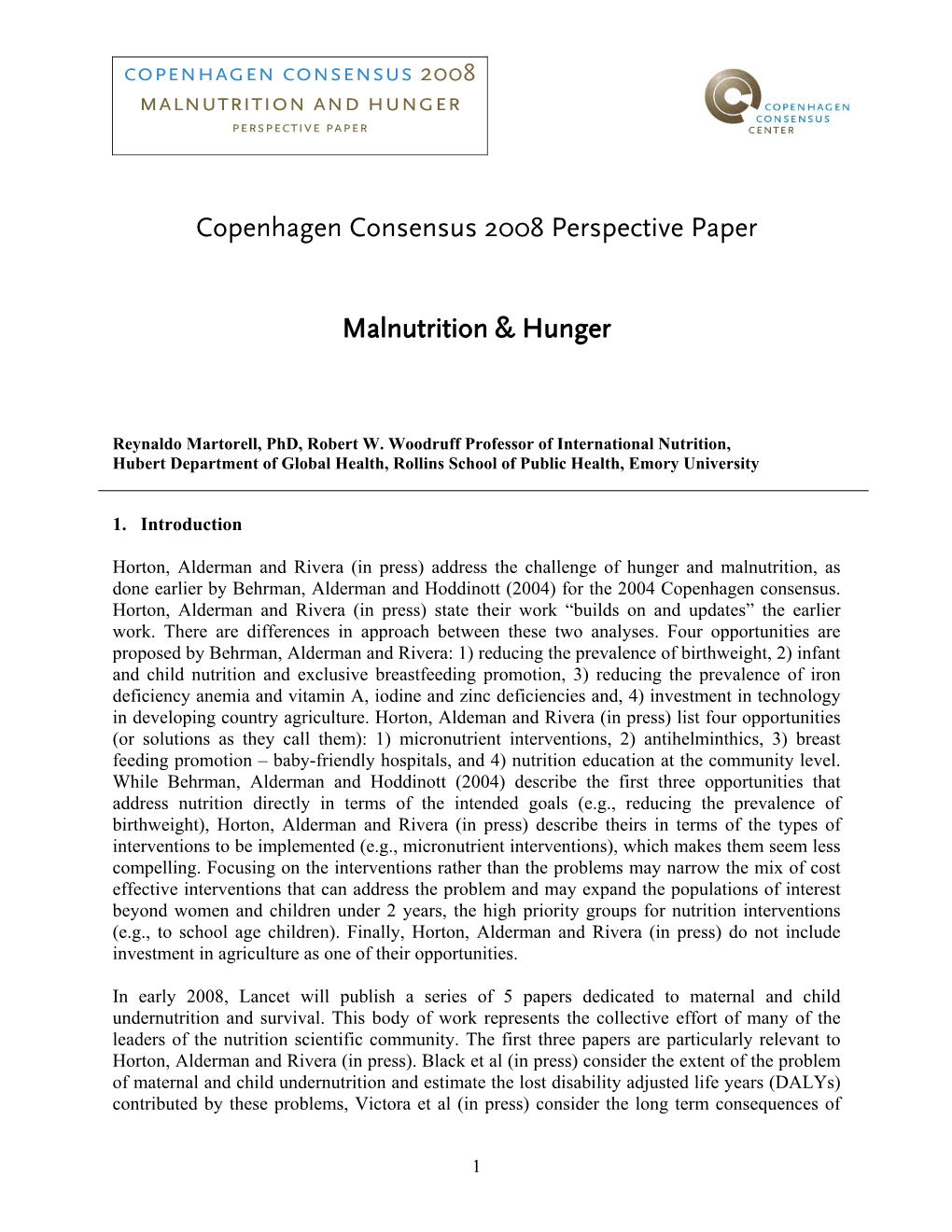 Copenhagen Consensus 2008 Perspective Paper Malnutrition