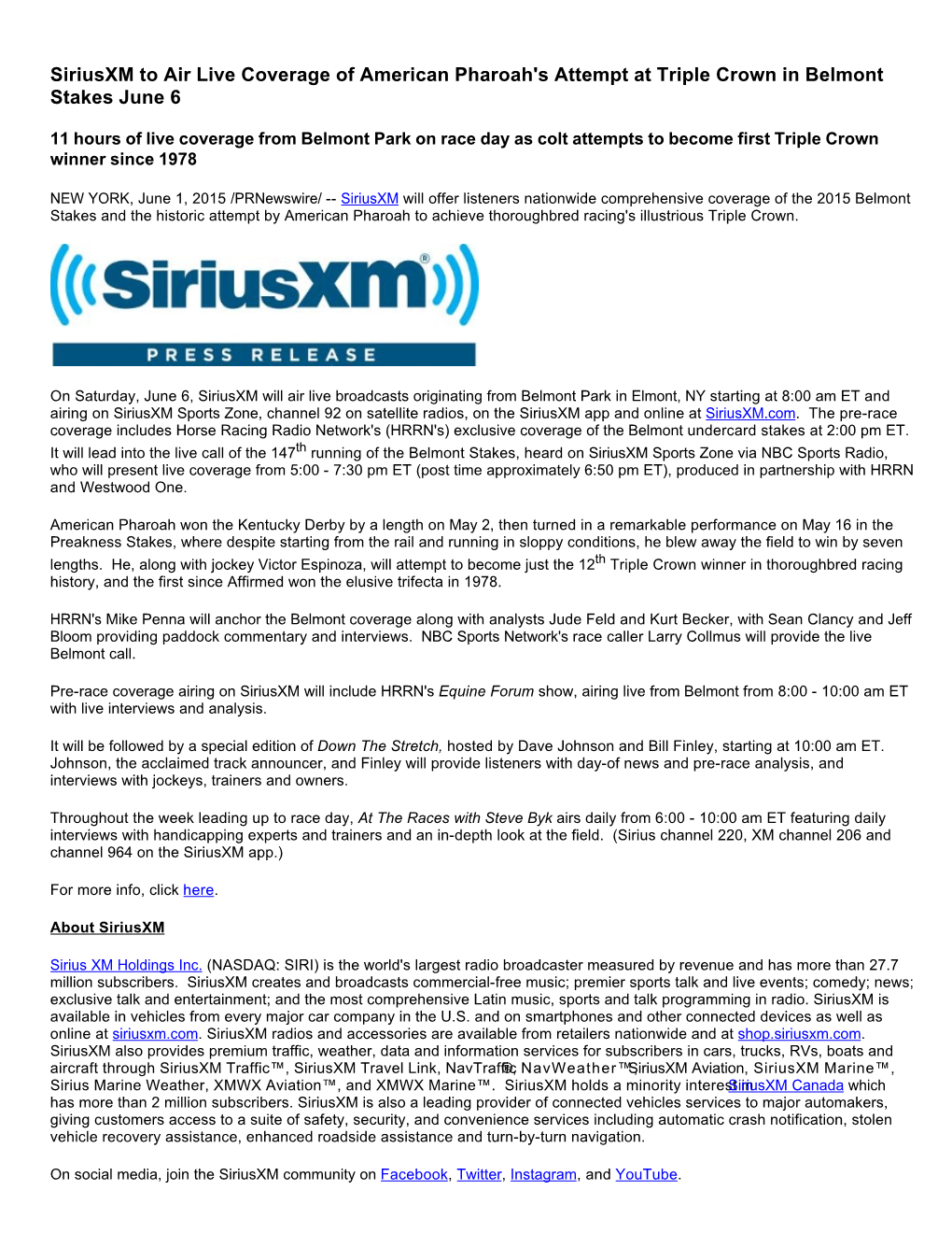 Siriusxm to Air Live Coverage of American Pharoah's Attempt at Triple Crown in Belmont Stakes June 6