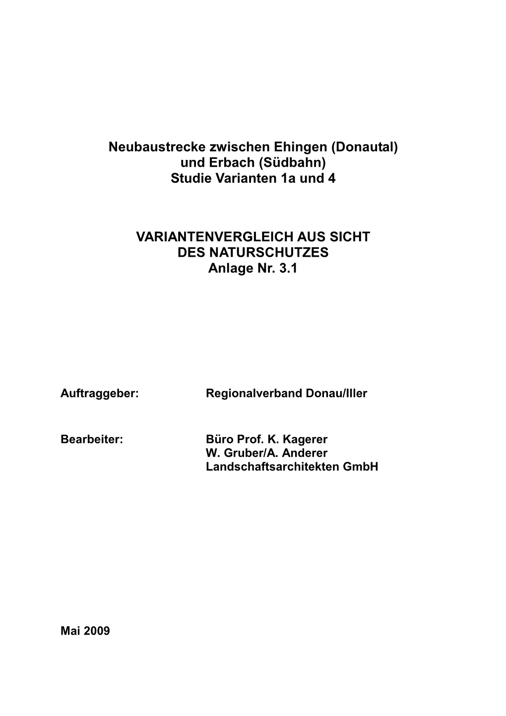 Neubaustrecke Zwischen Ehingen (Donautal) Und Erbach (Südbahn) Studie Varianten 1A Und 4